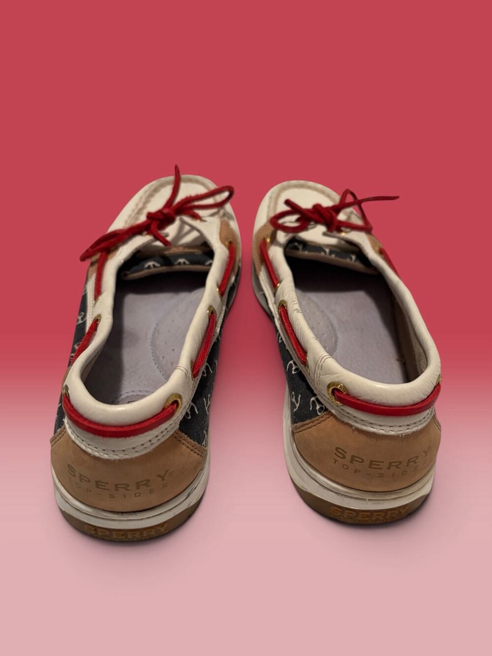 Sperry Top-Sider Angelfish Anchor Print Boat Shoes White/Navy/Red size 8